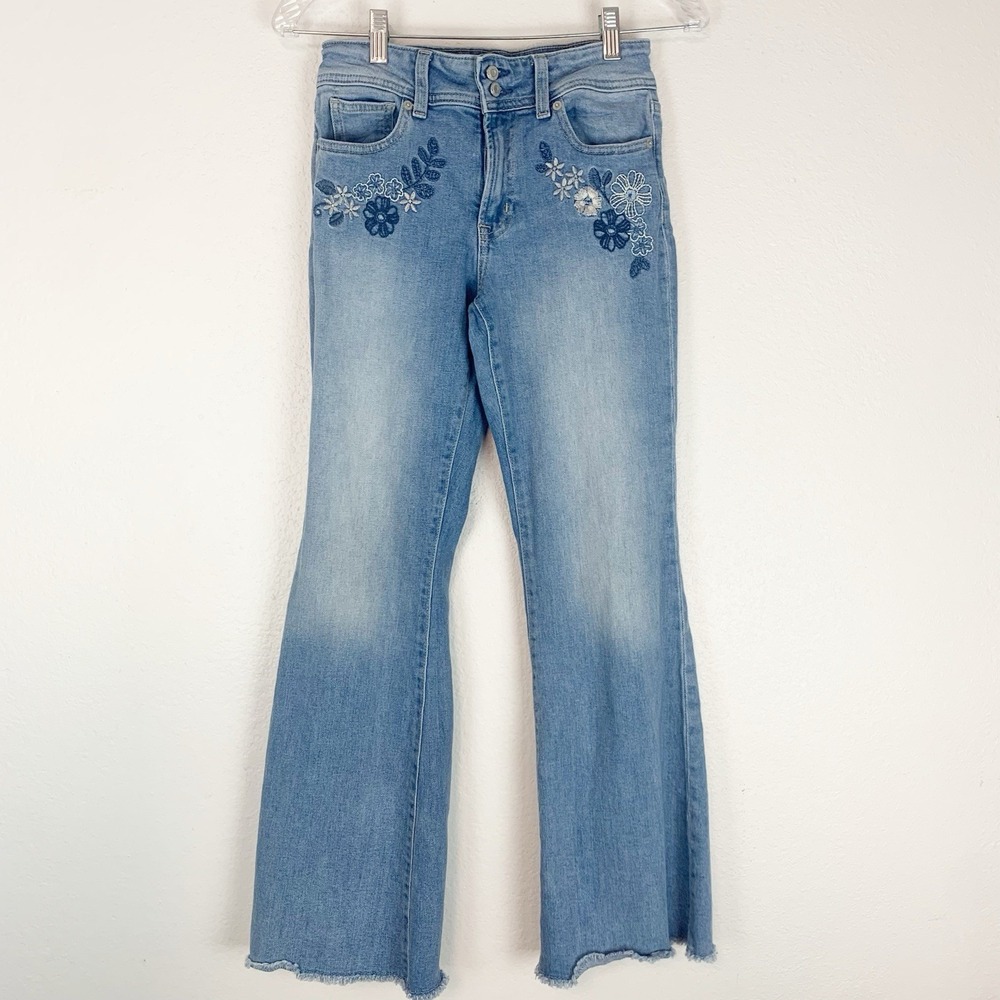 Gap Kids Jeans Girls 14 Flare High Rise Embroidered Floral Raw Hem Boho Stretch
